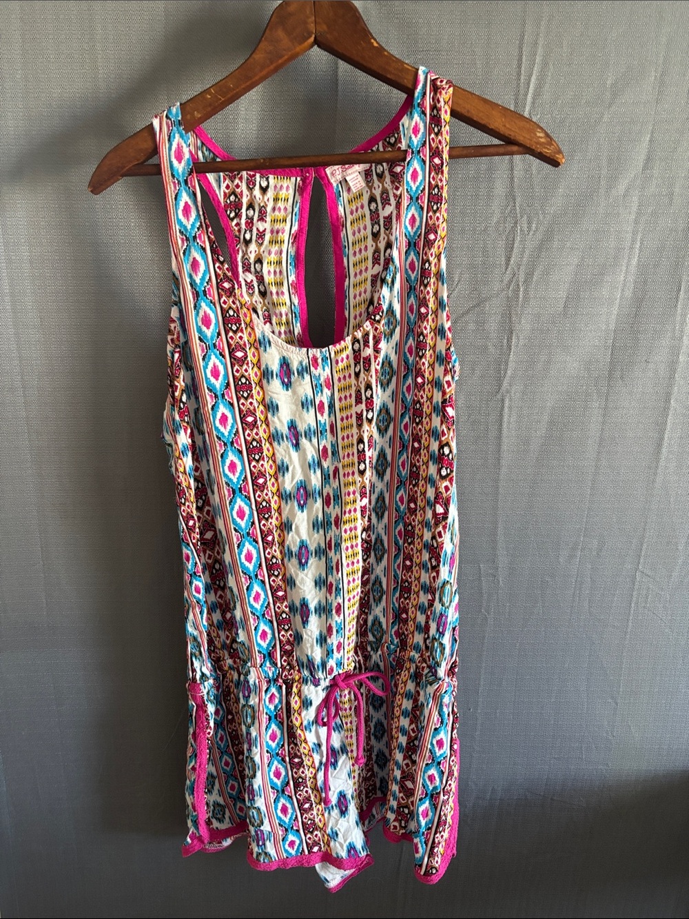 P.J. Salvage Multicolor Printed Romper with Turquoise and Pink Trim
